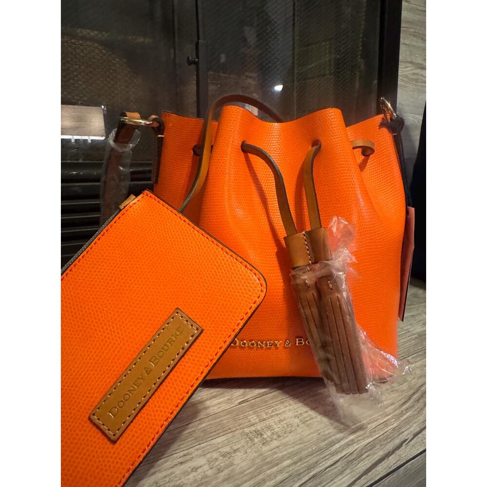NWT Dooney Bourke Serena Embossed Leather orange pink drawstring bucket purse - Picture 11 of 13